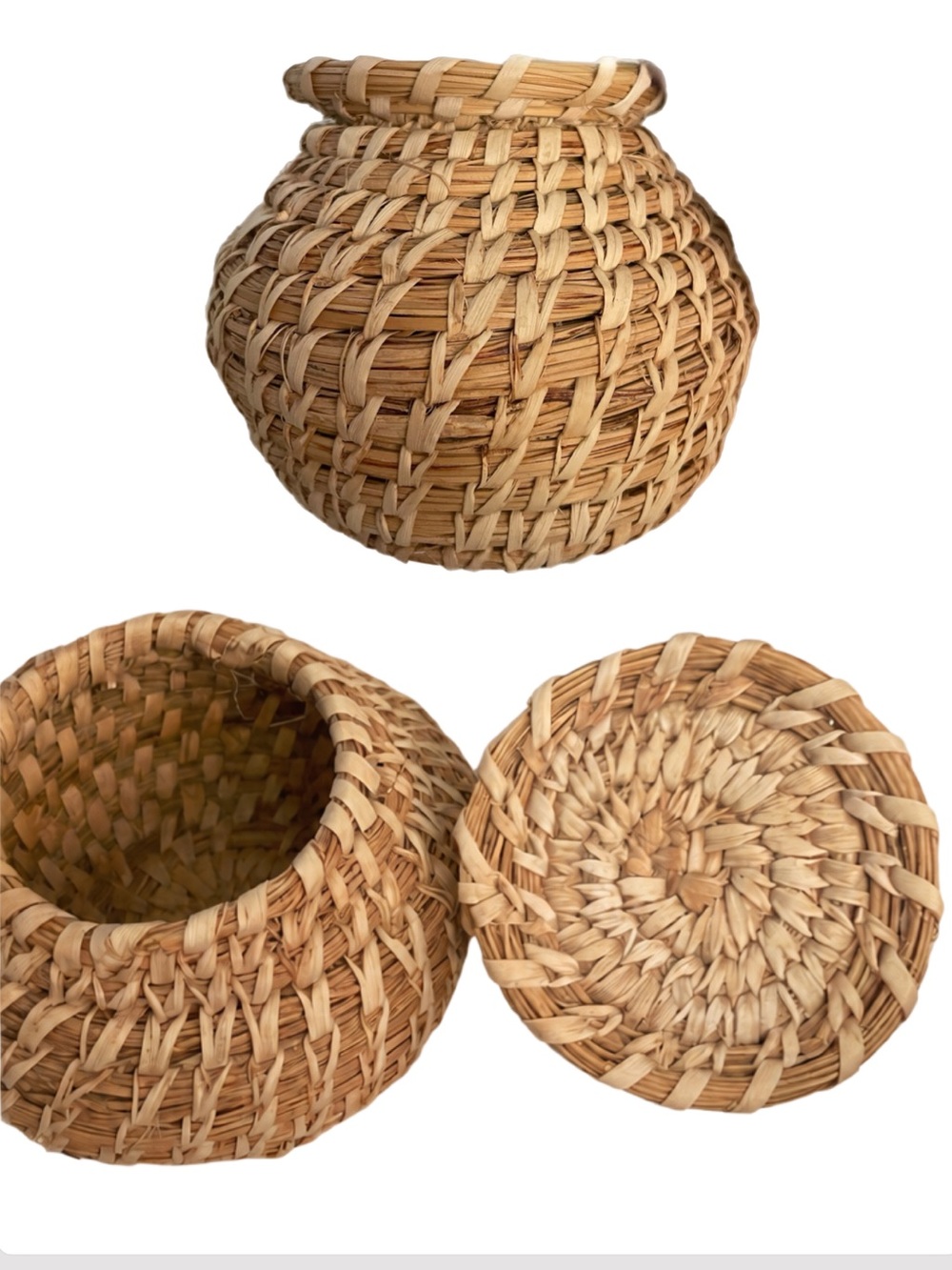 Collectors Vintage Tohono O'odham Papago Split Stitch Lidded Basket Jar 4"x5"